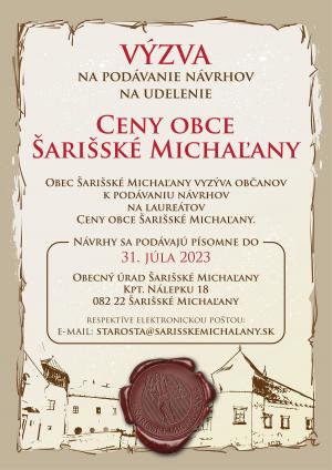 Výzva na podávanie návrhov - Cena obce Šarišské Michaľany  1